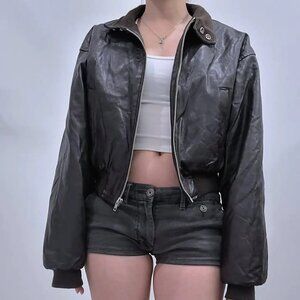 Cropped Leather Brown Sherpa Fleece Winter Jacket